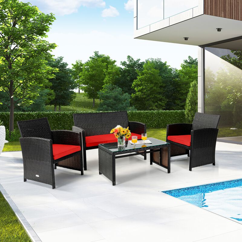 4Pcs Patio Rattan Cushioned Furniture Set