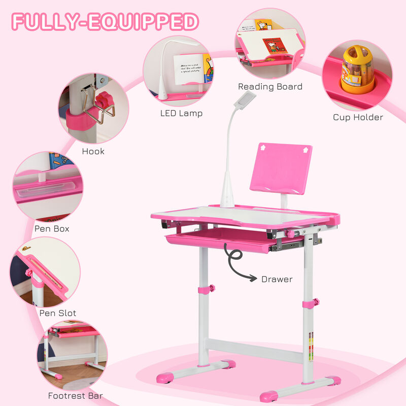 Qaba Kids Desk and Chair Set with Tilt Desktop, Storage Drawer, Pink