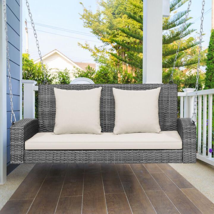 Hivvago 2-Person Patio PE Wicker Hanging Porch Swing Bench Chair Cushion 800 Pounds