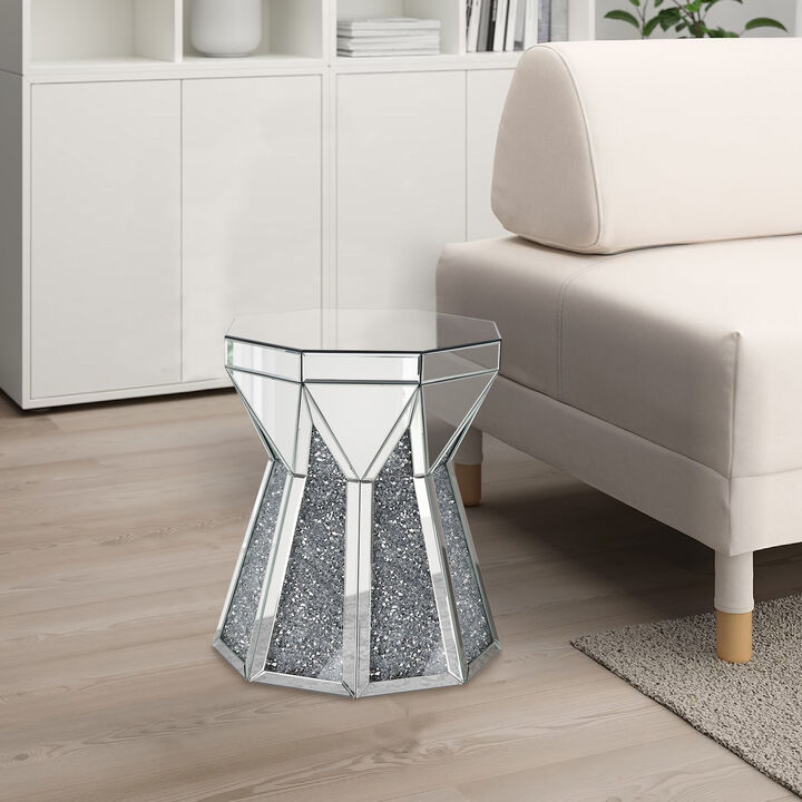 Multiple Faceted Mirrored End Table with Faux Diamonds, Silver-Benzara