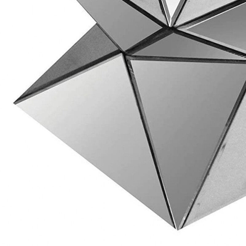 20 Inch Modern End Table, Square Mirror Top, Silver Geometric Pedestal Base-Benzara