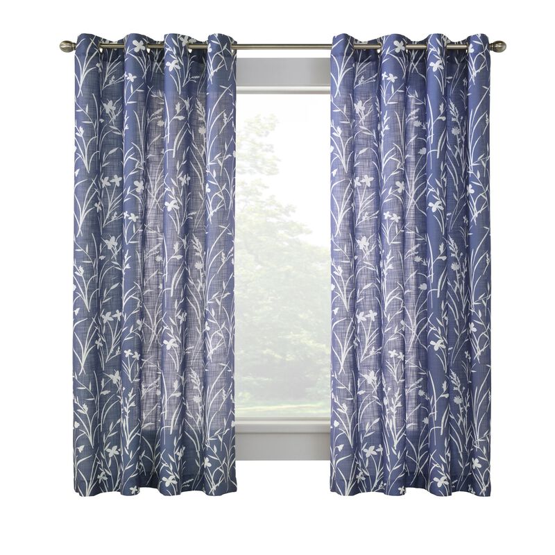 Commonwealth Bradford Floral Printed Top Panel With 8 Matt Silver Grommets - 52"x95" - Blue