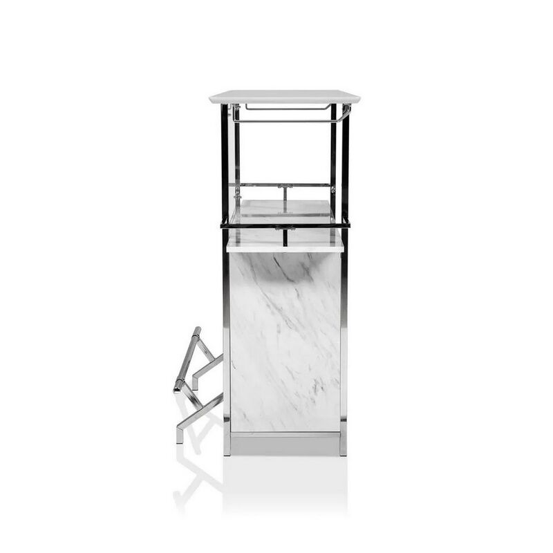 Bar Table with Faux Marble and Chrome Finish, White and Silver-Benzara