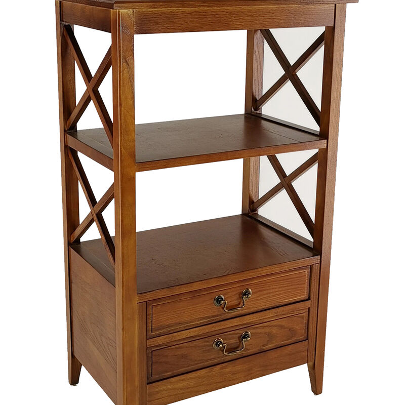 X Frame Wooden Rack with 2 Drawers and Open Shelf, Brown-Benzara
