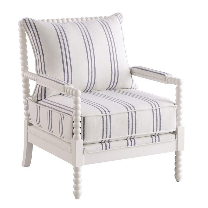 34 Inch Accent Chair, Reversible Pillow Backrest, Fabric, White, Navy-Benzara