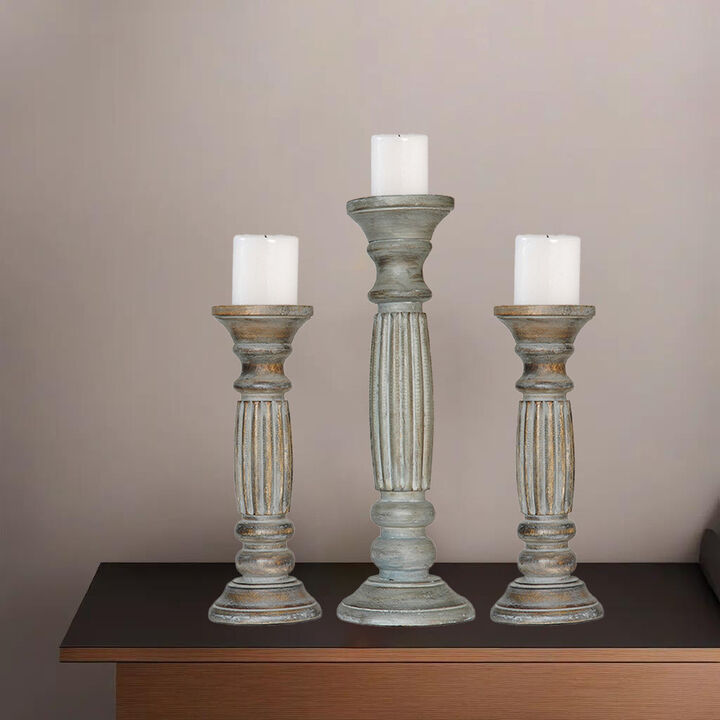Traditional Antique Dusk Eco-friendly Handmade Mango Wood Set Of Three 12",15" & 12" Pillar Candle Holder