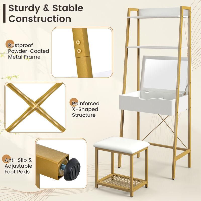 Ladder Vanity Desk Set with Flip Top Mirror and Cushioned Stool