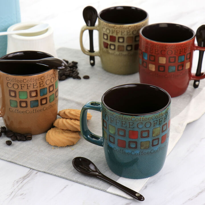 Mr. Coffee Cafe Americano 8 Piece 13oz Ceramic Cup and Spoon Set in Assorted Colors