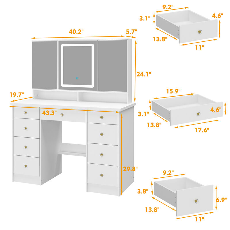 White Modern Makeup Vanity Desk 9 Drawers Wood Dressing Table With 3 Mirrors, Hidden Storage Shelves, LED Lighted