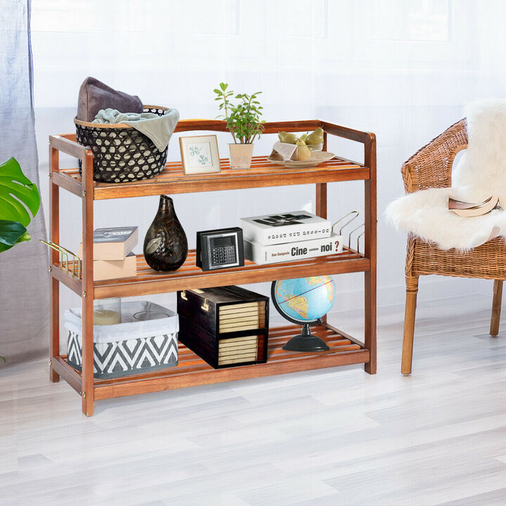 3-Tier Acacia Wood Shoe Rack with Side Metal Hooks for Easy Storage