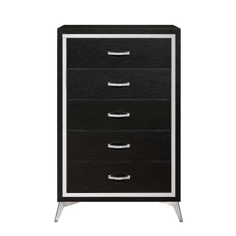 Sami 49 Inch Tall Dresser, 5 Drawers, Mirror Trim, Embossed Texture, Black - Benzara