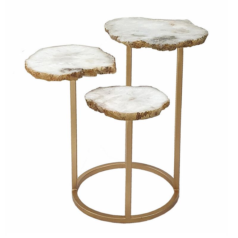 Benjara 18 Inch Accent Side Table, 3 Tier Design, Agate Top, Iron Base, White and Gold