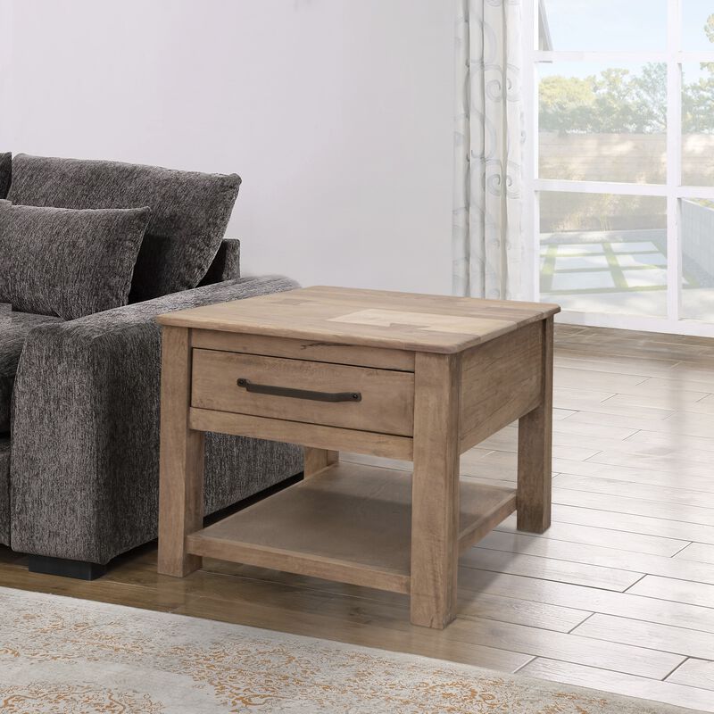 Benjara Umey 23 Inch Side End Table, 1 Drawer, Lower Shelf, Natural Wood, Brown and Black