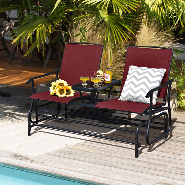 2-Person Double Rocking Loveseat with Mesh Fabric and Center Tempered Glass Table