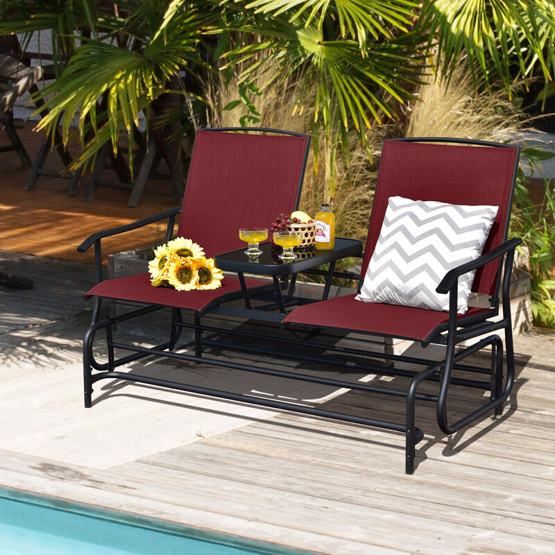2-Person Double Rocking Loveseat with Mesh Fabric and Center Tempered Glass Table
