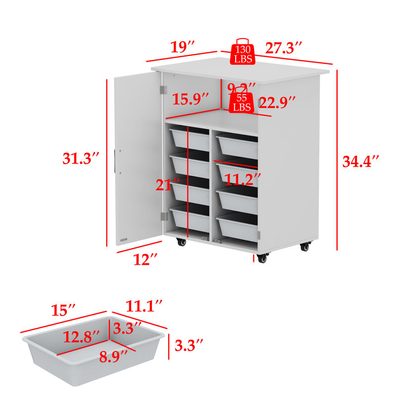 FUFU&GAGA Modern White Storage Cabinet – X-Design Doors, 8 Plastic Bins, Lockable Casters, Durable MDF (27.3" W x 19" D x 31.3" H), White