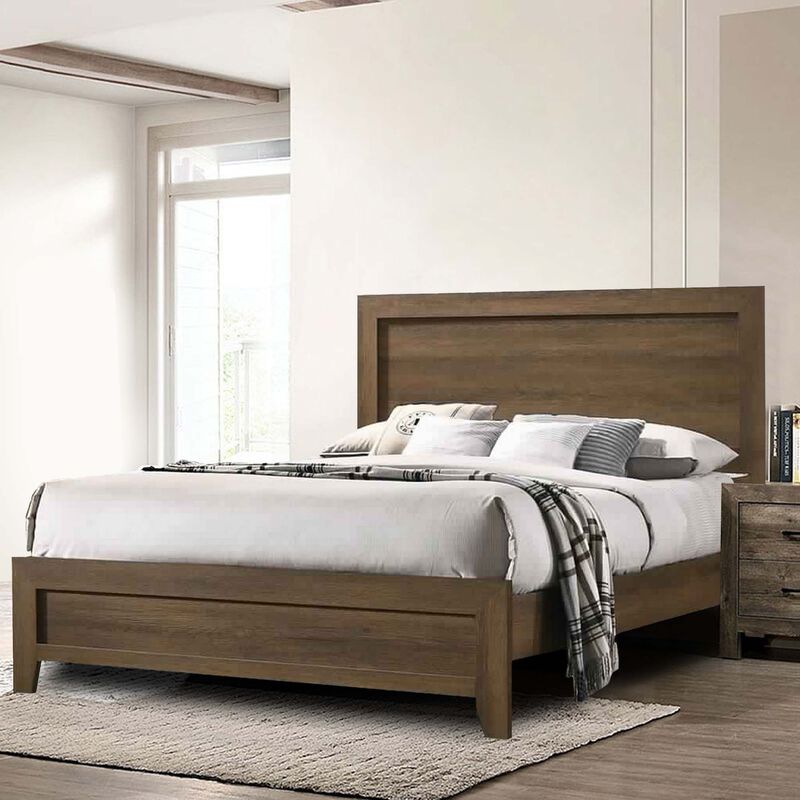 Transitional Style Wooden Eastern King Bed with Raised Molding Trim, Brown-Benzara