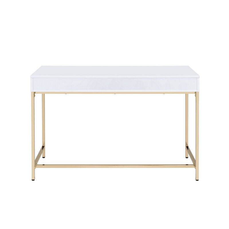 Two Drawers Wooden Desk with Tubular Metal Base, White and Gold-Benzara