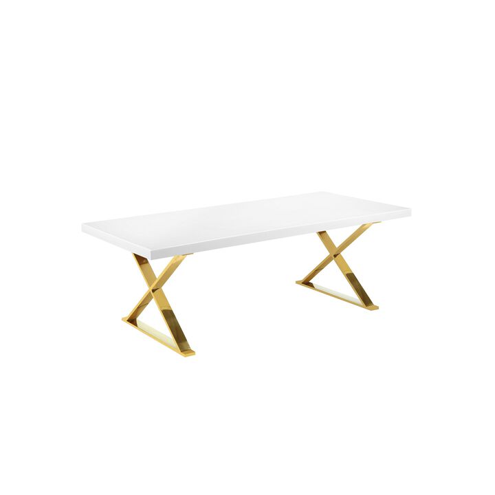 Rix 87 Inch Dining Table, Rectangular White Top, Gold Finished Metal Base - Benzara