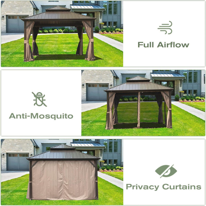 12' X 14' Hardtop Gazebo, Aluminum Metal Gazebo Withnized Steel Double Roof Canopy