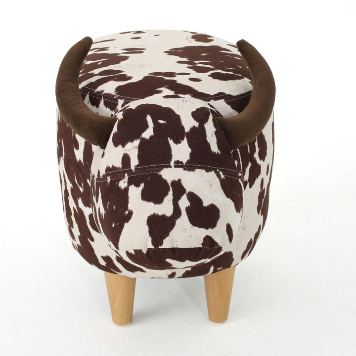 Massy Cow Kids Ottoman 25 Inches, Brown, White Velvet, Light Brown Horn - Benzara