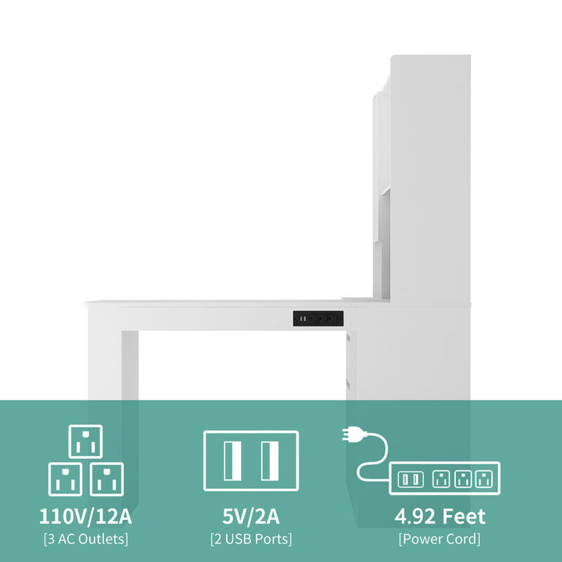 Space-Saving L-Shaped Desk with Ample Workspace, Built-In Charging Station