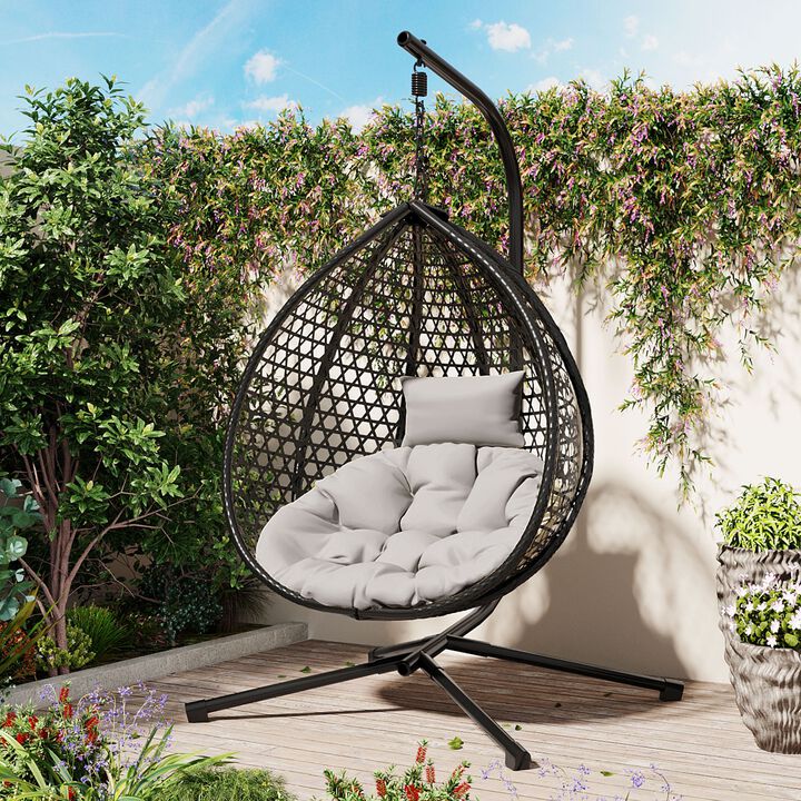 Mondawe Outdoor Hollow-Out Design Rattan Egg Chair,W/ Adjustable Headrest & Iron Base Hanging Chair