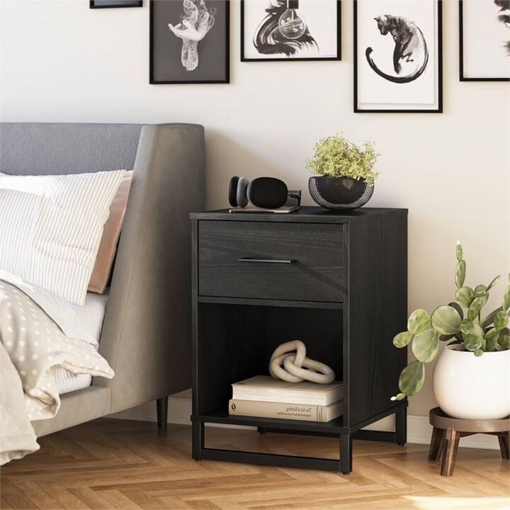 Hivvago Modern 1-Drawer Bedroom Nightstand in Rustic Black Wood Finish with Metal Legs