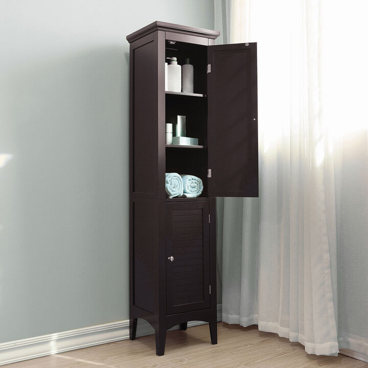 Teamson Home Glancy Two Shutter Doors Wooden Tall Tower Storage Cabinet Dark Brown