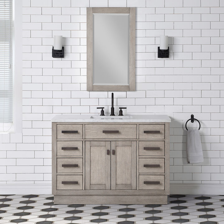 Chestnut 48 In. Single Sink Carrara White Marble Countertop Bath Vanity In Grey Oak with Oil Rubbed Bronze Hardware