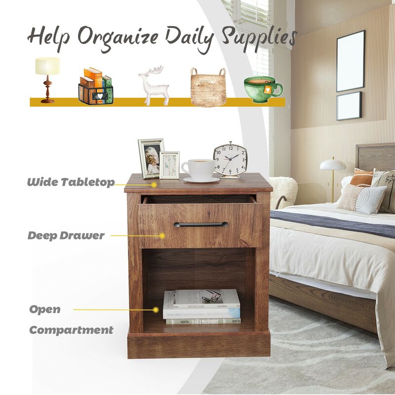 Compact Nightstand with Drawer and Open Compartment-Brown