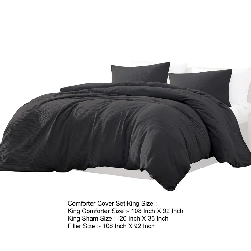 Uvi 3 Piece King Comforter Set, Cotton, Natural Crinkled Texture, Graphite - Benzara