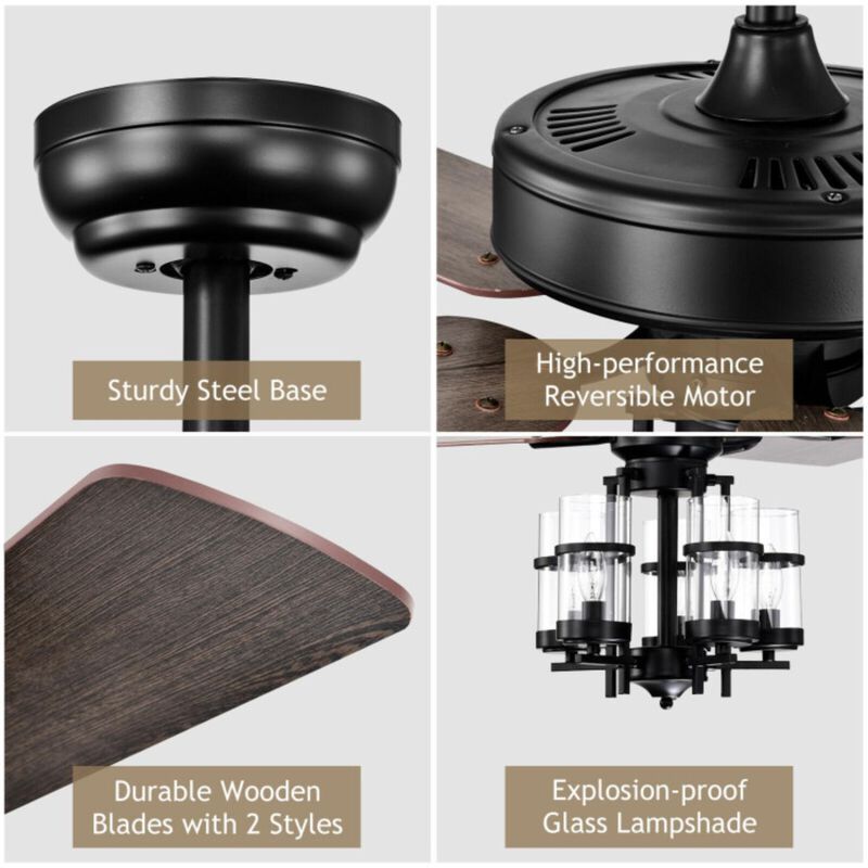 Hivvago 50 Inch Noiseless Ceiling Fan Light with Explosion-proof Glass Lampshades-Black