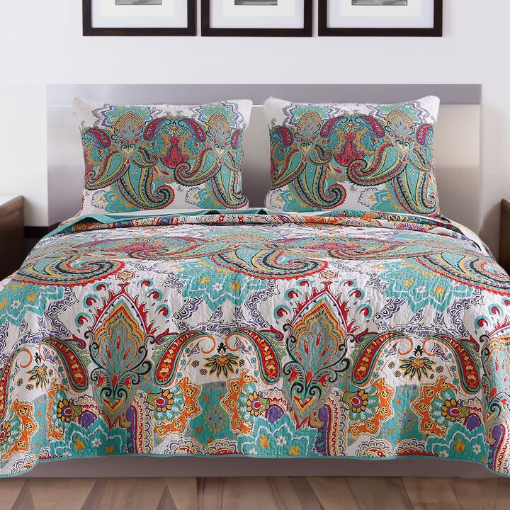 3 Piece Queen Size Cotton Quilt Set with Paisley Print, Teal Blue - Benzara