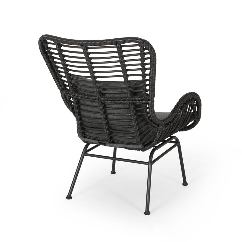 Slay Outdoor Accent Chair Set of 2, 25 Inch, Gray Woven Rattan, Iron Legs - Benzara