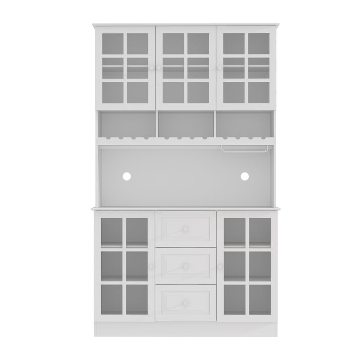White Wooden Sideboard, Food Pantry, Storage Cabinet with 3 Drawers, 13 Shelves and Wine Rack