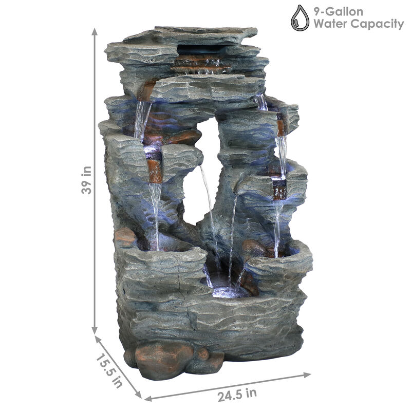 Sunnydaze Dual Cascading Rock Waterfall Fountain with LED Lights - 39 in