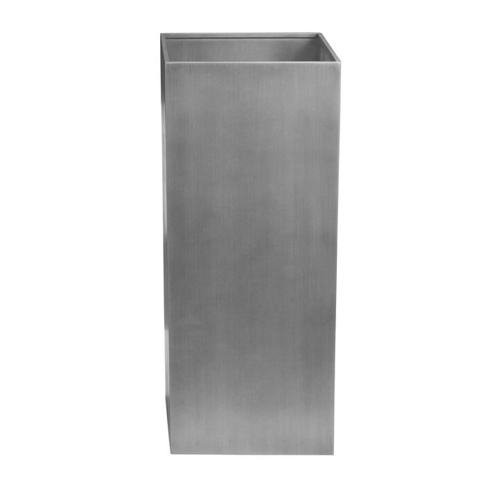 Jo 32 Inch Tall Flower Pot Planter, Hidden Indented Box, Gray Brushed Metal - Benzara