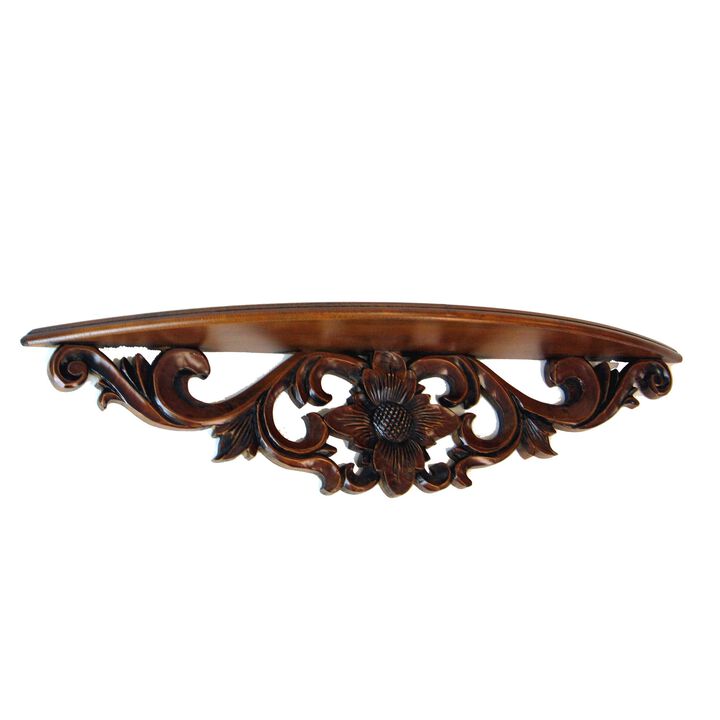 Hand Carved Wooden Moonbay Wall Shelf in Floral Design, Brown - Benzara
