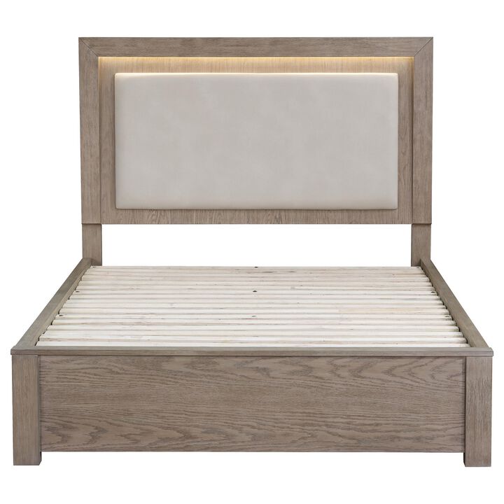 Keno Queen Bed, Upholstered LED Headboard, 4 Storage Drawers, Brown - Benzara