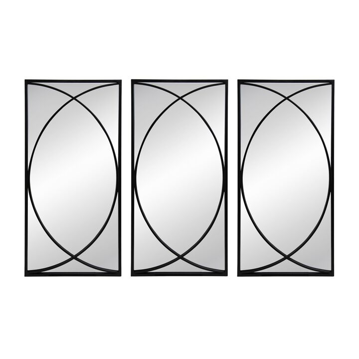 32 Inch 3 Piece Wall Mirror, Concentric Circles, Stylish Black Metal Frame-Benzara