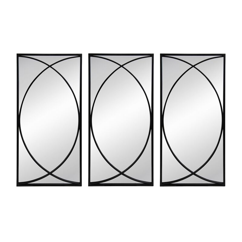 32 Inch 3 Piece Wall Mirror, Concentric Circles, Stylish Black Metal Frame-Benzara