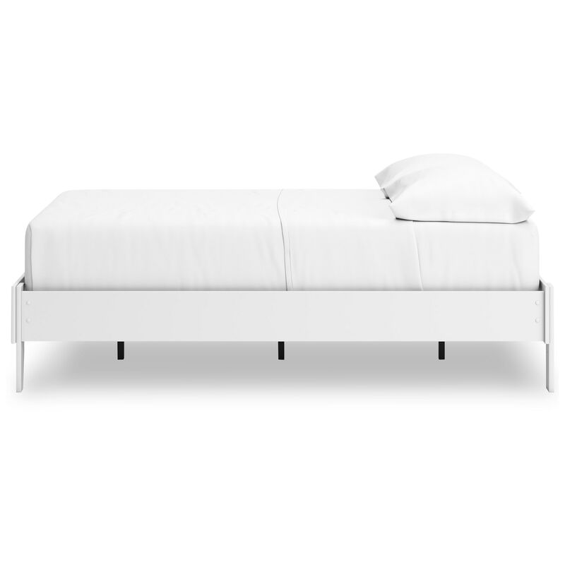 Kally Full Platform Bed, Matte White Wood, Low Profile Tapered Legs - Benzara