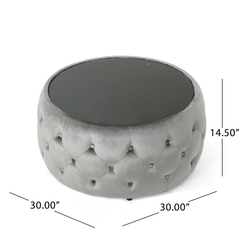 Modern Glam Diamond Tufted Velvet Ottoman with Tempered Glass Top