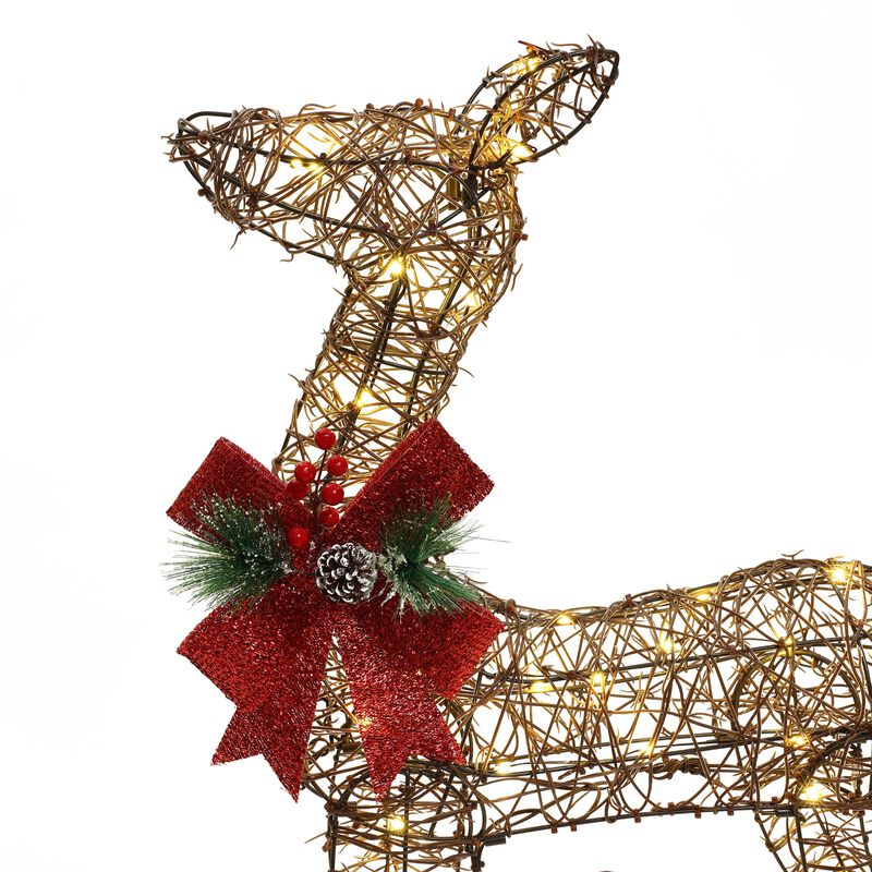LuxenHome 3-Piece Rattan and Iron Deer Family Outdoor Holiday Decoration with Lights