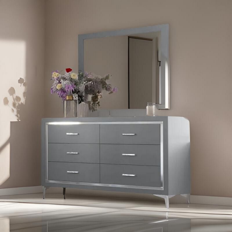 Benjara, Gray Sami 40 x 40 Dresser Mirror, Embossed Texture, Modern Style, Wood