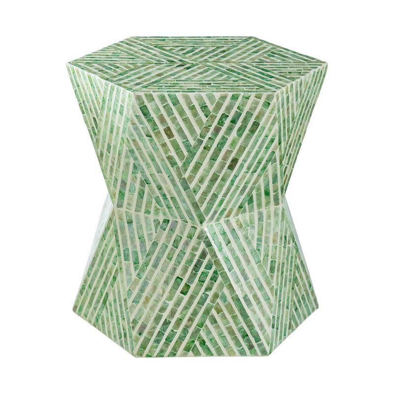 20 Inch Stool Table, Capiz Shell Inlay, Hexagonal Geometric Design, Green - Benzara