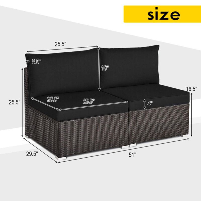 Hivvago 2 Pieces Patio Rattan Armless Sofa Set with 2 Cushions and 2 Pillows