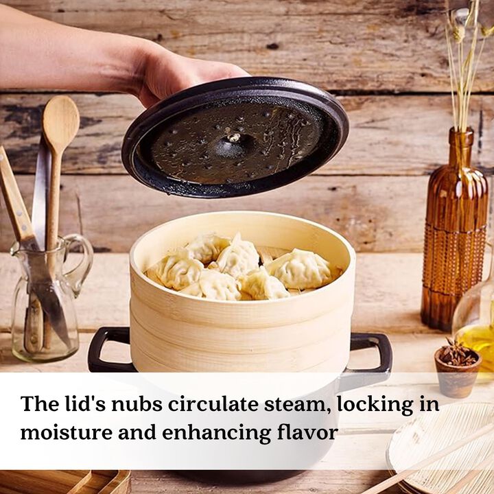 Alva Nori Enameled Cast Iron Dutch Oven with Lid & Bamboo Steamer Basket 2.5 Qt. Nonstick Stove-to-Table Enamel Coated Pot, Non Toxic, Compatible with All Stovetops, Oven Safe & Induction Safe