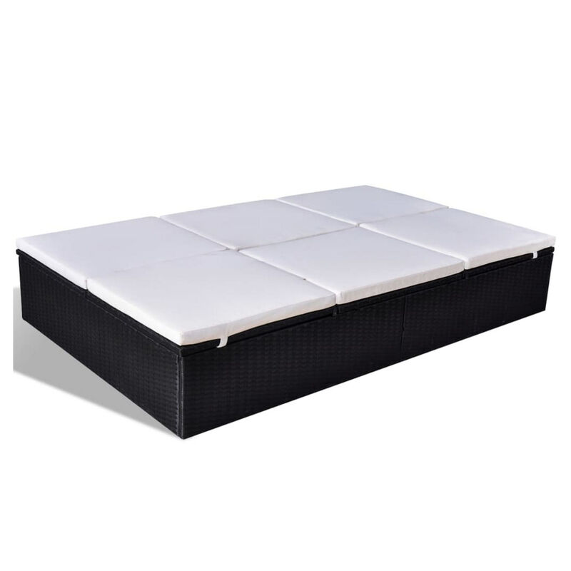 Double Sun Chaise Lounger, White Polyester, Black PE Rattan, 76 Inch - Benzara